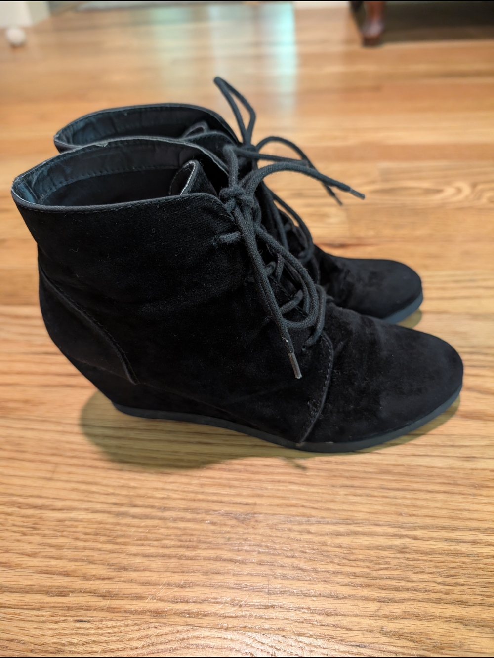 Black Suede Lace-Up Wedge Ankle Boots